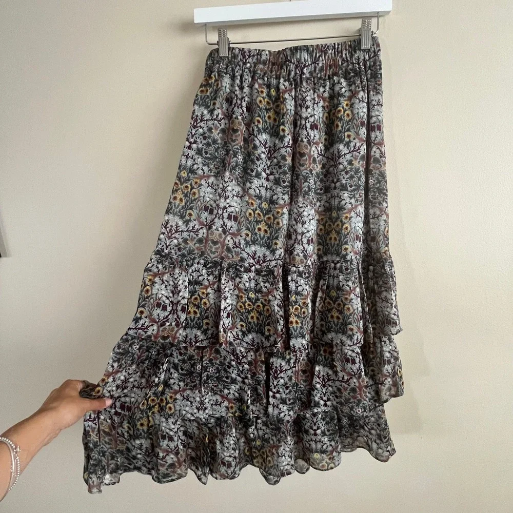 ba&sh Floral Tiered Ruffle Midi Skirt Sage Blue Moody Vintage Print 0 XS